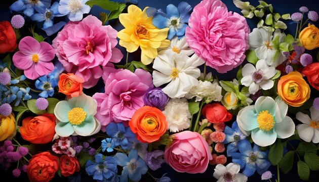 Colorful bouquet of spring flowers on a dark blue background.