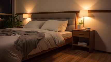Stylish interior of bedroom late in evening
