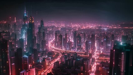 Explore a futuristic city at night, illuminated by neon lights and bustling with activity, Futuristic cityscape illuminated with neon lights, AI Generated