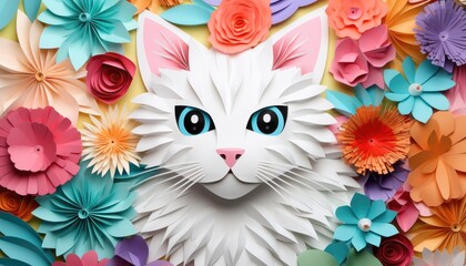 Paper craft white cat with colorful fur