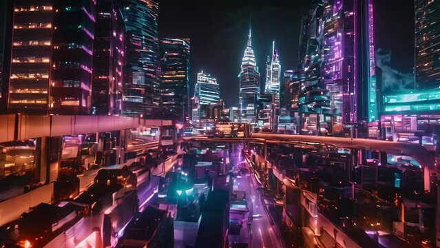 Experience the hustle and bustle of a city street filled with traffic at night, illuminated by vibrant neon lights, Futuristic cityscape illuminated with neon lights, AI Generated