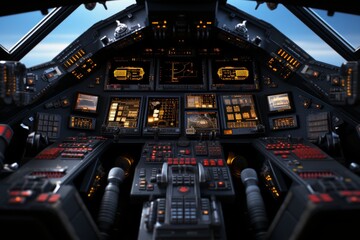 Futuristic spaceship cockpit with advanced control panels, space travel technology concept