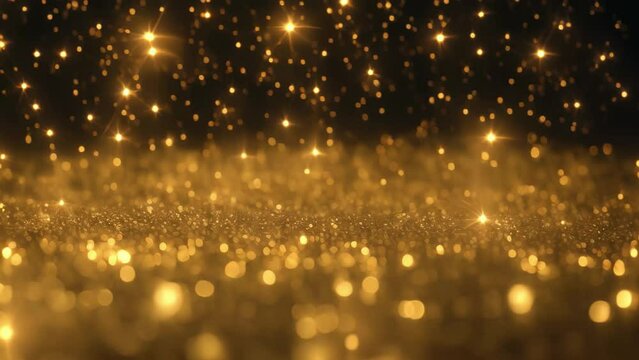 Gold glitter particles and stars create a dazzling shimmering effect on a golden background, gold particles abstract background with shining golden floor particles and stars dust, AI Generated