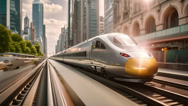 A silver train swiftly travels down tracks surrounded by modern skyscrapers in a cityscape, Imagery of a high-speed bullet train traveling through a technologically advanced city, AI Generated