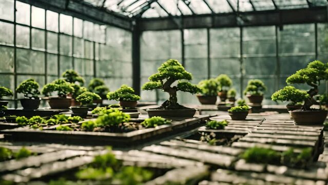 Bonsai trees arranged in a greenhouse for cultivation and display, interior of bonsai greenhouse, AI Generated