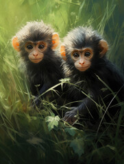 Two little monkeys sitting in the grass.. Digital art.