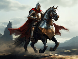 Knight in armor on horseback. Digital art.