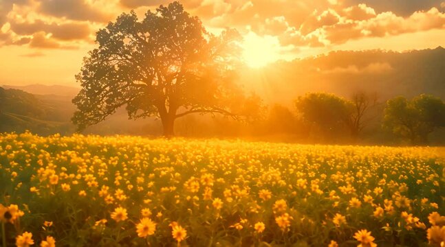 Warm sunlight bathes a tree and yellow wildflowers in a serene meadow during a tranquil spring sunrise