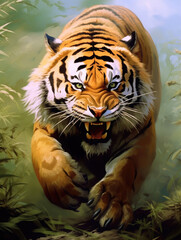 Tiger hiding in the grass. Digital art.