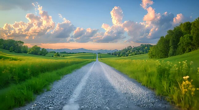 Gravel road surrounded by green fields and a vibrant blue sky with puffy clouds

