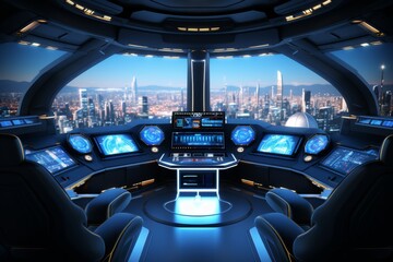 Futuristic spaceship cockpit with advanced control panels, space travel technology concept