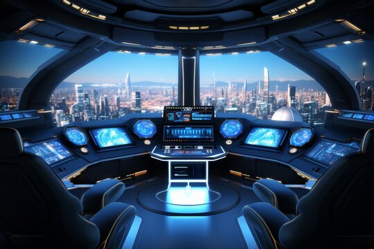 Futuristic spaceship cockpit with advanced control panels, space travel technology concept