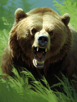 Angry bear against the backdrop of nature. Digital art.