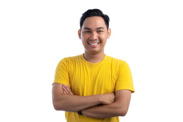 Portrait of handsome Asian man posing with crossed arms and smiling at camera isolated on white background