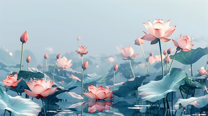 Pink Lotus Flowers Floating on a Blue Pond