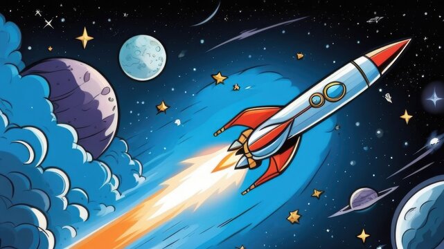 Colorful comics picture of rocket flying in outer space, planets, satellites, falling meteor and asteroids in starry sky, dark background, Cosmonautics Day concept, greeting card illustration
