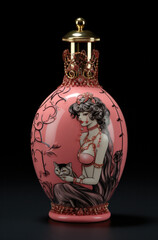 On a black background, a pink glass pitcher with a lid featuring a painted girl and a cat, generative AI





