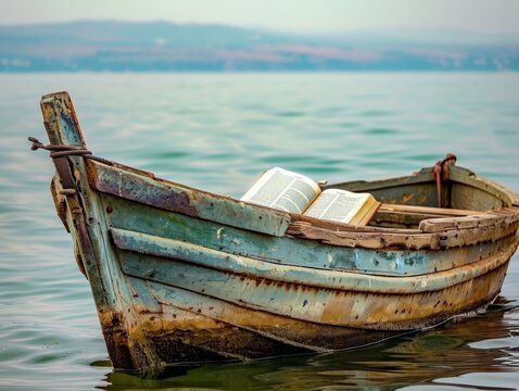 Vintage old boat on the Sea of Galilee a Bible within echoing Old Testament teachings