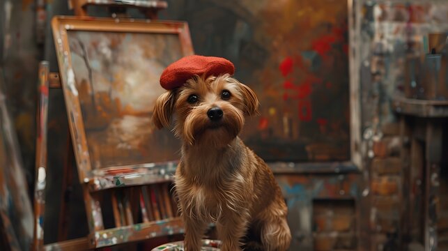 Yorkshire Terrier Creating Art in Painting Studio