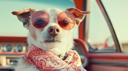 Vintage Dog Wearing Sunglasses in Classic Car