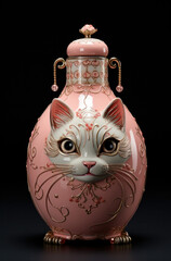On a black background, a pink glass pitcher with an image of a cat's head, generative AI