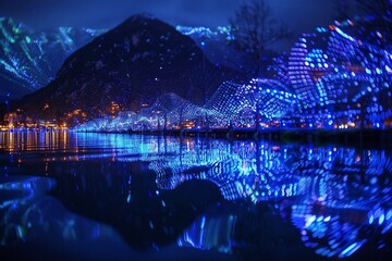 Free photo reflection of the lights and the mountain in a lake captured in Parco cyanic, Lugano,