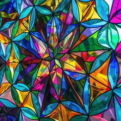 Close up of a kaleidoscopic church stained glass artwork emphasizing vibrant colors and geometric patterns