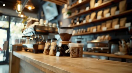 Fototapeta na wymiar Blurred background of a modern coffee shop featuring coffee maker machines and barista equipment