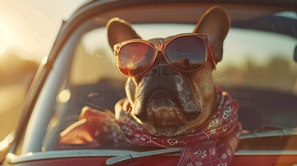 French Bulldog Riding in Car with Sunglasses