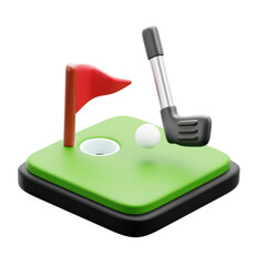 3D golf flag on green field. 3D render Cartoon Style