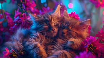 Two fluffy kittens sleep peacefully on colorful flowers.