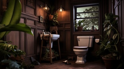 Contemporary bathroom interior with toilet bowl, wooden elements, and green plants in modern setting