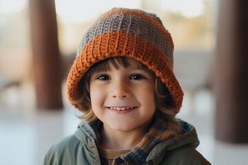 Portrait of a cute little boy in a warm knitted hat