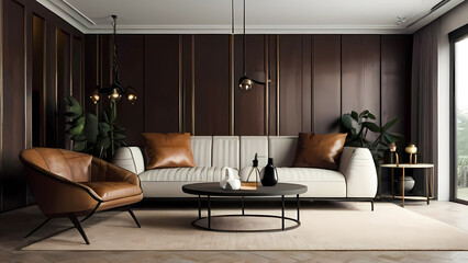 nterior living room wall mockup with leather sofa and decor on dark background