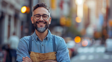 A cheerful bearded man wearing glasses and a denim shirt with a brown apron stands confidently on a bustling city street, arms crossed, displaying a broad smile.
