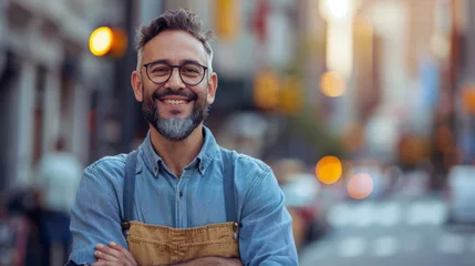 Tuinposter A cheerful bearded man wearing glasses and a denim shirt with a brown apron stands confidently on a bustling city street, arms crossed, displaying a broad smile. © ChubbyCat