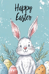 Cute Easter bunny with decorated eggs and spring flowers. Happy Easter greeting card, banner, border