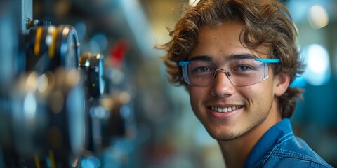 A joyful and confident young engineer with protective glasses, exuding professionalism and happiness indoors.