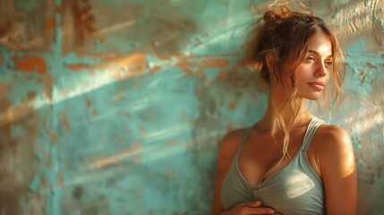 A woman with long hair in a blue tank top is posing in front of a blue wall