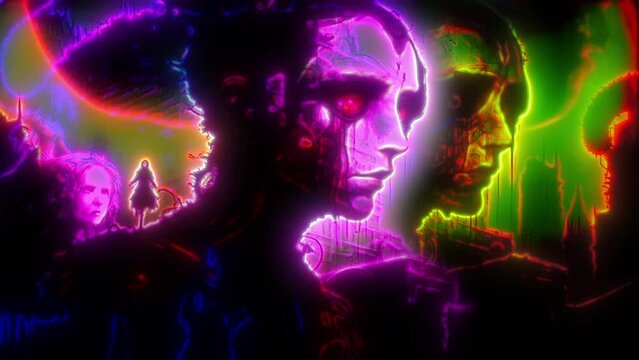 Abstract Sci-Fi Portrait with Neon Glowing Effects in Vivid Colors