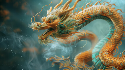Fototapeta na wymiar Chinese folklore Dragon suitable for Chinese New Year. Decorative colorful background. Translucent glass, turquoise and golden style aesthetics.