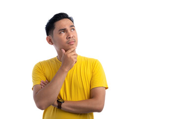 Pensive handsome Asian man with hand touching chin, thinking, making decision, having doubts isolated on white background