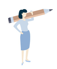 a flat design cartoon a woman confidently sporting a giant pencil. This playful illustration exudes creativity and quirkiness, perfect for form fills and artistic ventures.