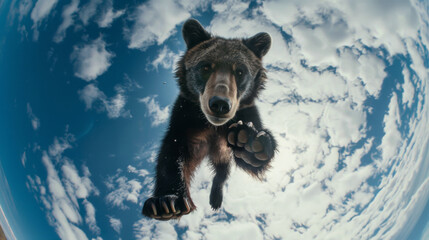 Bear jumping down against a blue sky. Animal in the air in motion