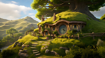 A Fairy-Tale Picture of a Tranquil Hobbit House Nestled Within Lush Greenery