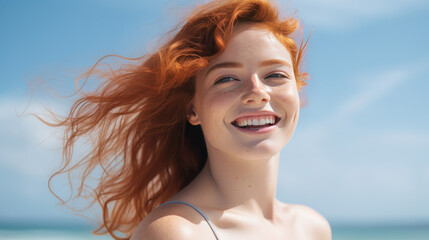 Naklejka premium Beautiful redhaired girl smiling against the background of the beach and sea.