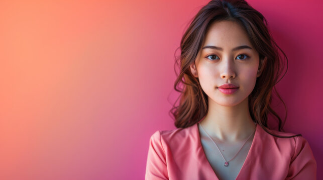 Portrait of a young woman with a neutral expression wearing a pink blouse against a pink to orange gradient background.