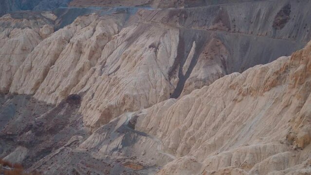 Closeup shot of Moonland Chango as seen on the way to Spiti Valley in Himachal Pradesh, India. Rocky structures like Moonland in the Himalayan mountains in Spiti Valley. Natural rock formation. 