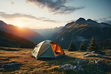 Camping tent on mountain meadow at sunset. 3d rendering - Powered by Adobe