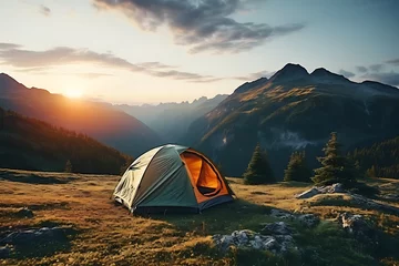 Schilderijen op glas Camping tent on mountain meadow at sunset. 3d rendering © Creative